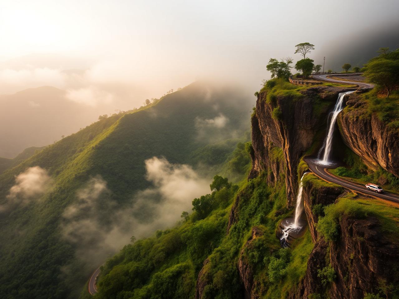 Cascading waterfall over a basalt cliff in the Western Ghats at dawn