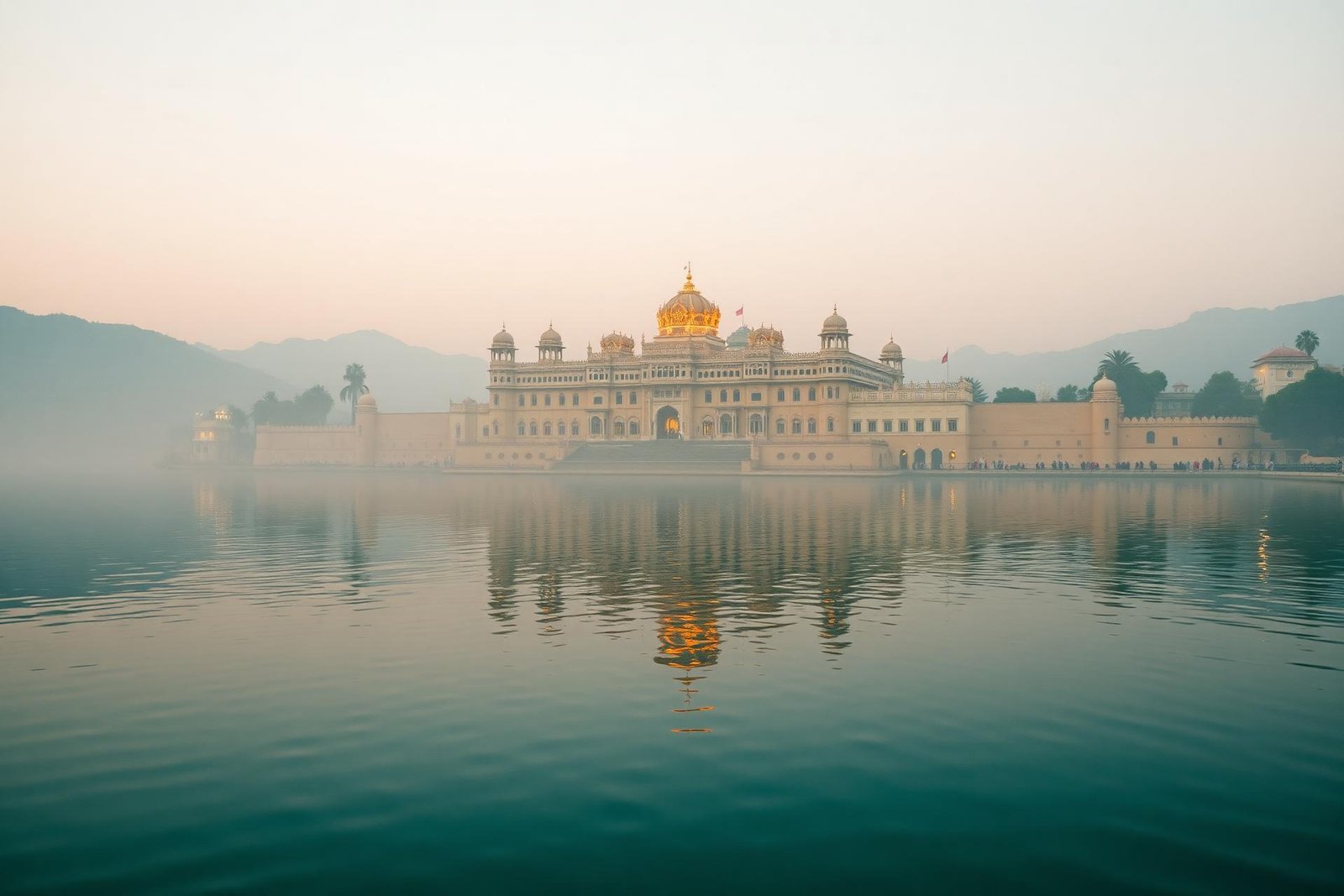 Lake Palace at Udaipur reflected on Lake Pichola at golden hour
