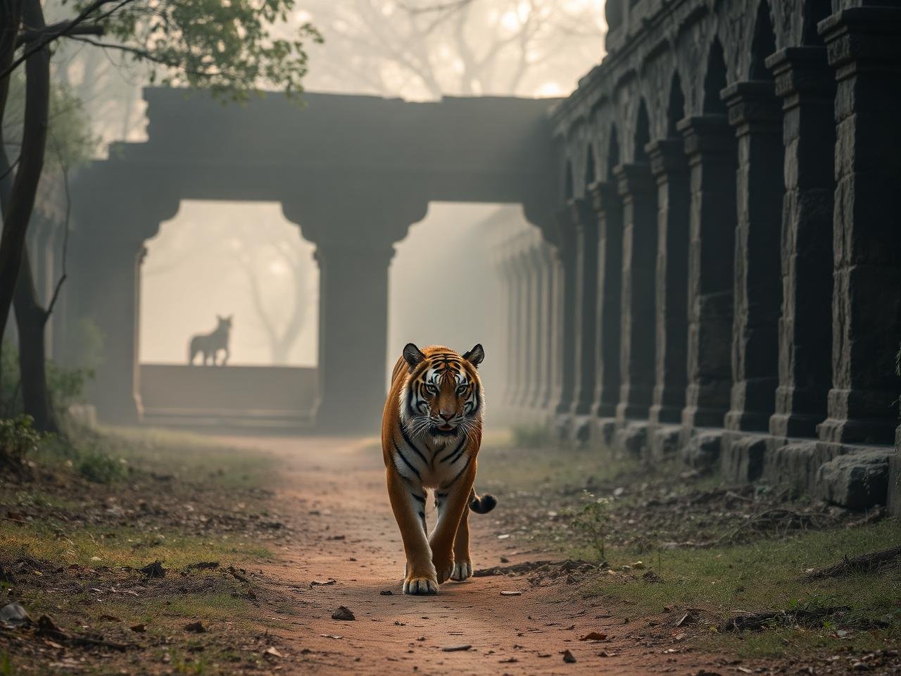 Royal Bengal tiger walking through Ranthambore's ancient stone ruins at dawn