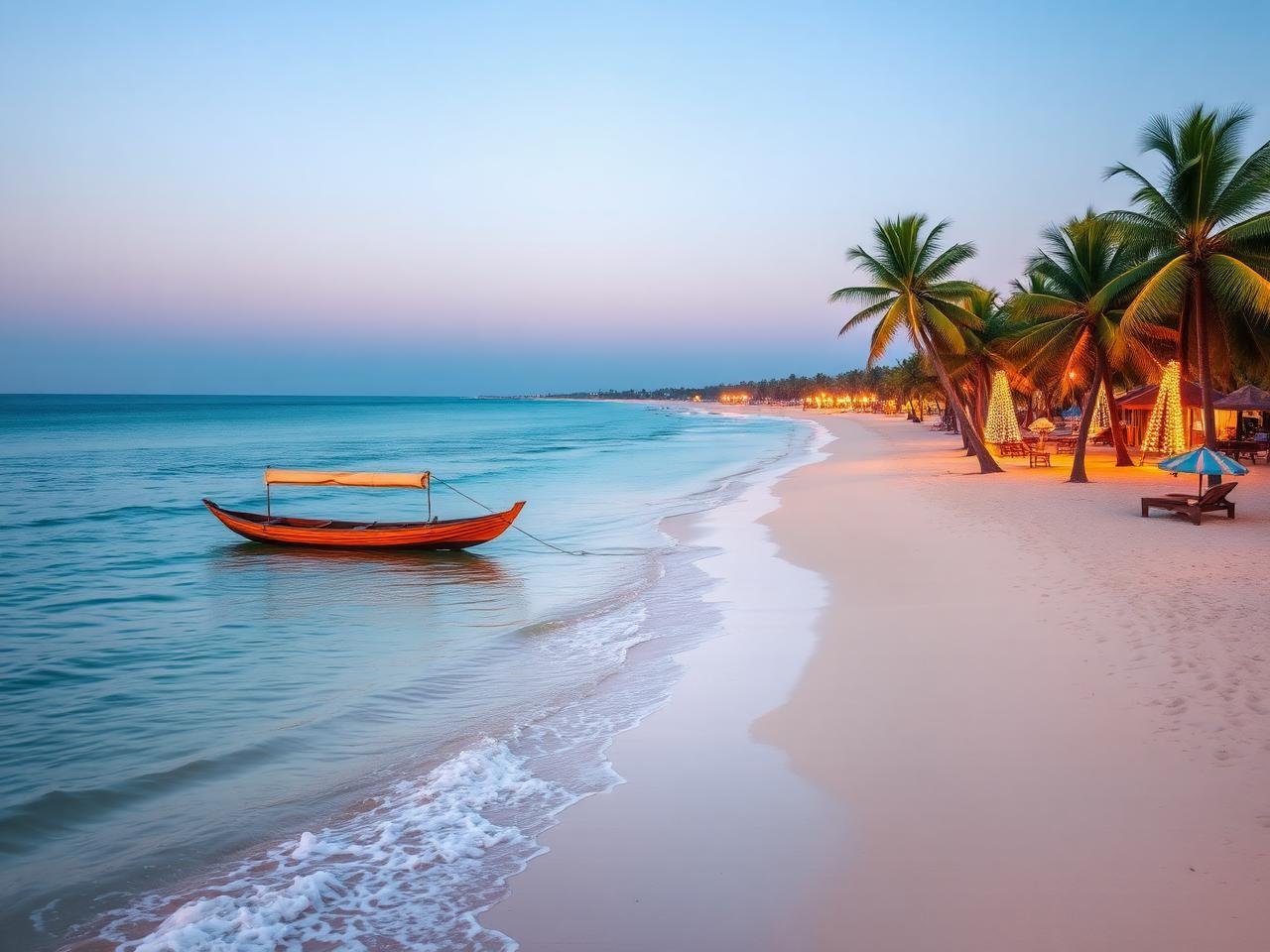 North Goa beach at golden hour with palm trees and beach shacks lit up