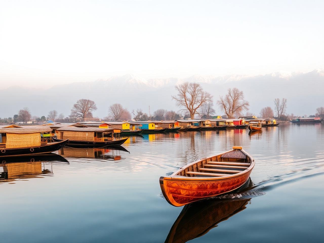 Shikaras and houseboats reflected in Dal Lake at sunrise, Kashmir