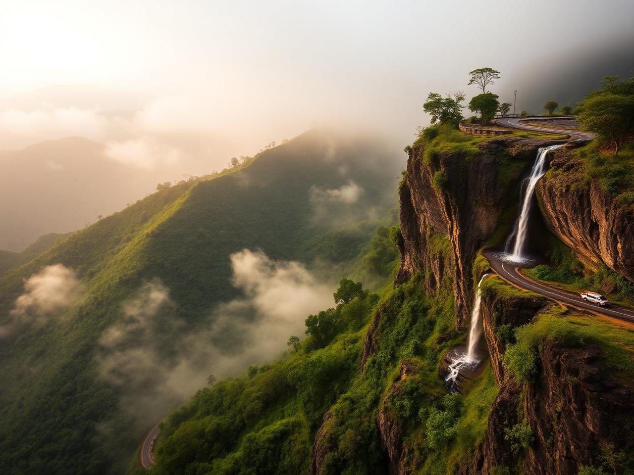 Cascading waterfall over a basalt cliff in the Western Ghats at dawn